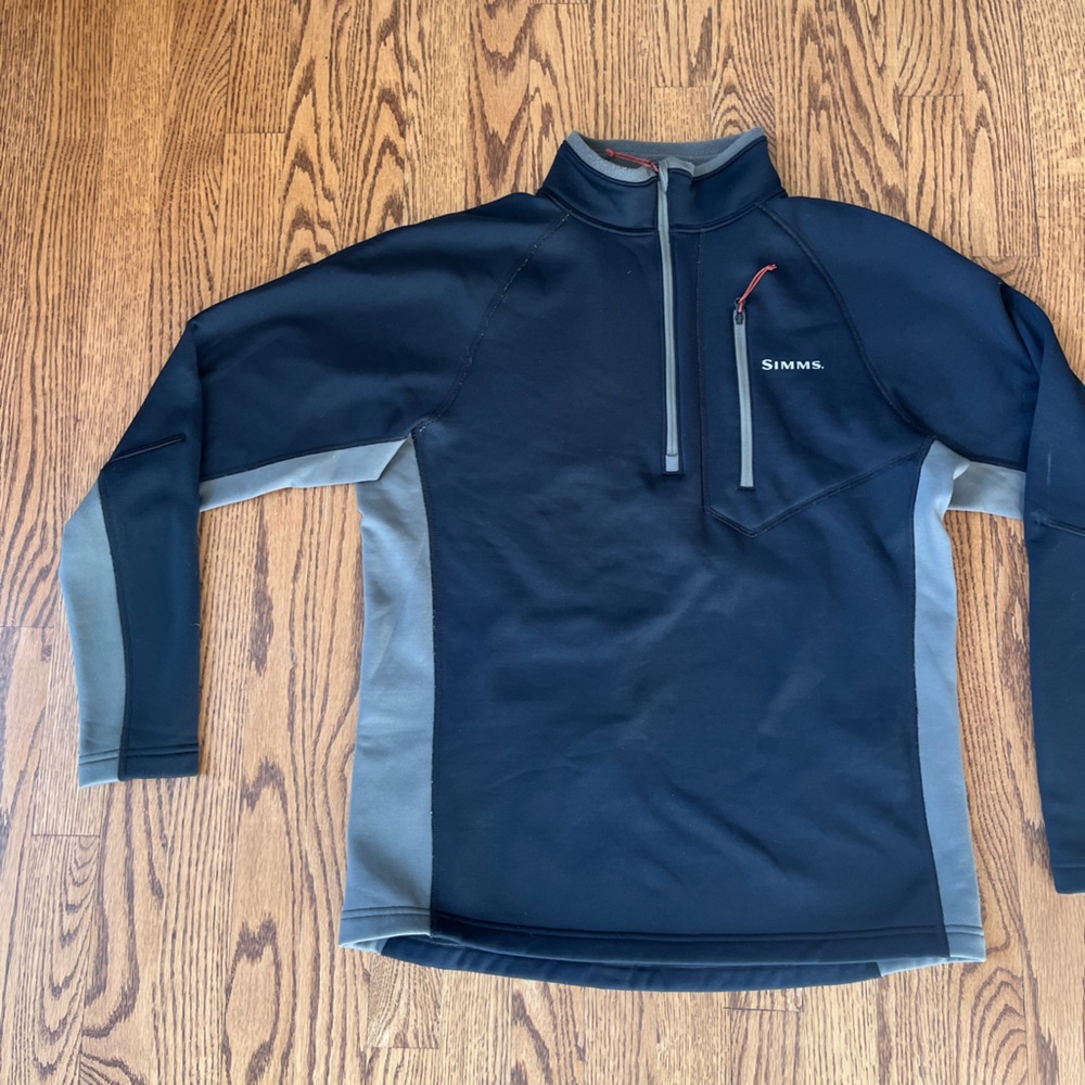 Simms Mid Top Mens M Soft Shell Fleece Lined 1/4 Zip Black Gray Chest Pocket EUC